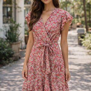 Monteau Los Angeles Floral Wrap Dress Ruffle Hem Tie Waist Boho Size S